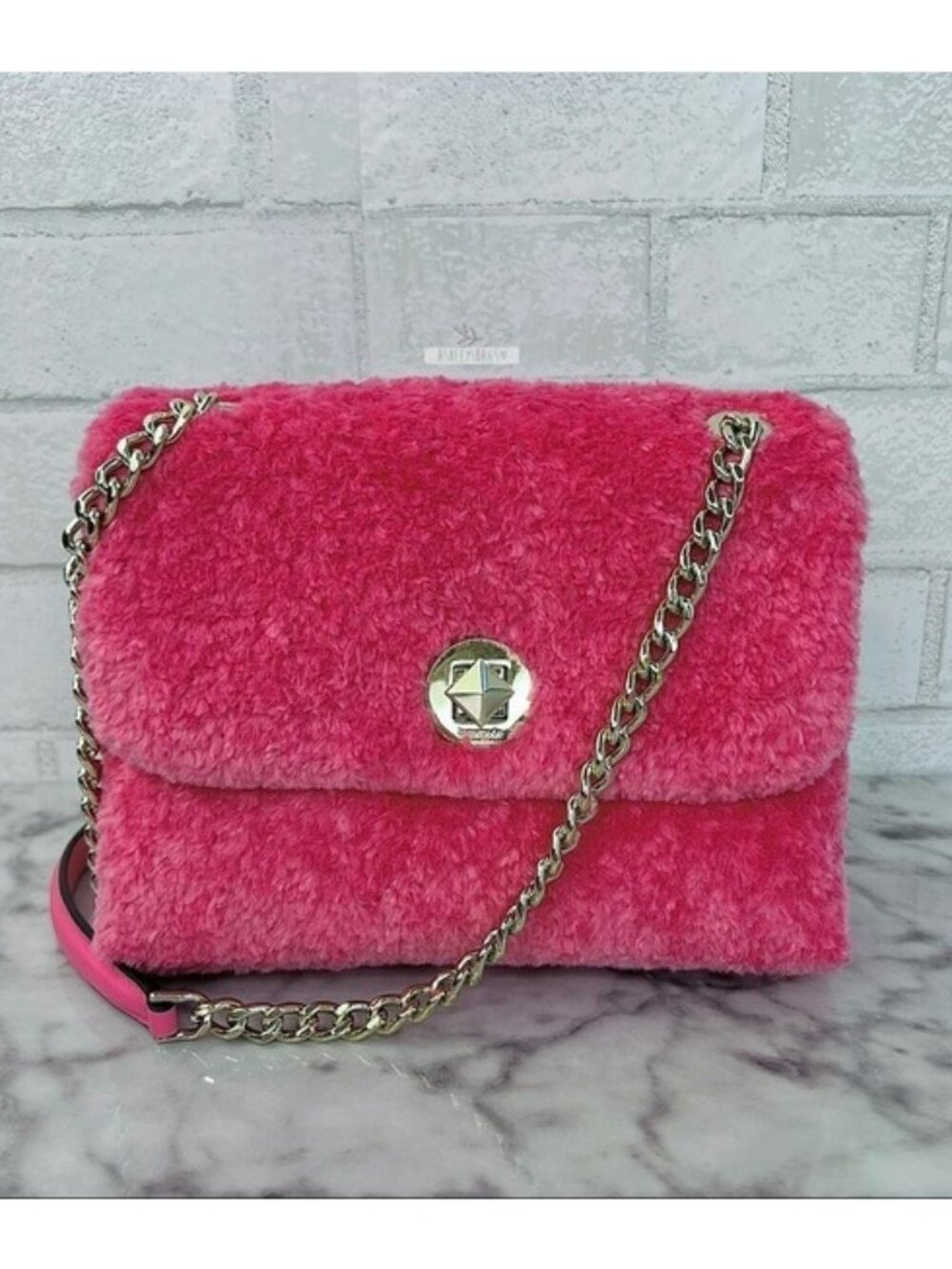Kate Spade Natalia Pink Faux Fur Small Flap Shoulder Bag Crossbody